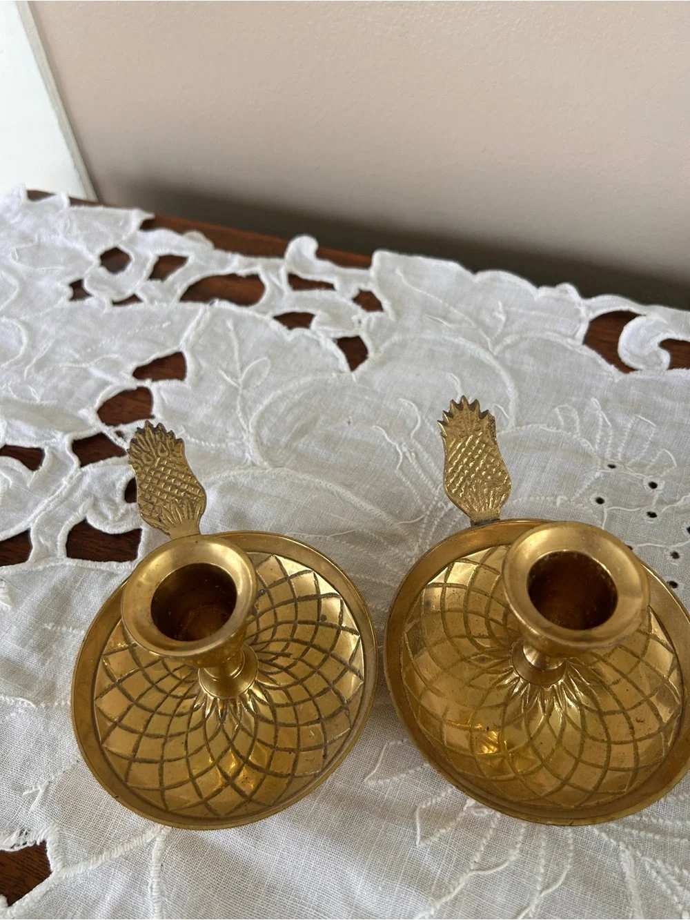 Pair of Brass Pineapple Candlestick Holder w/Etched Bass and Handle Tropical